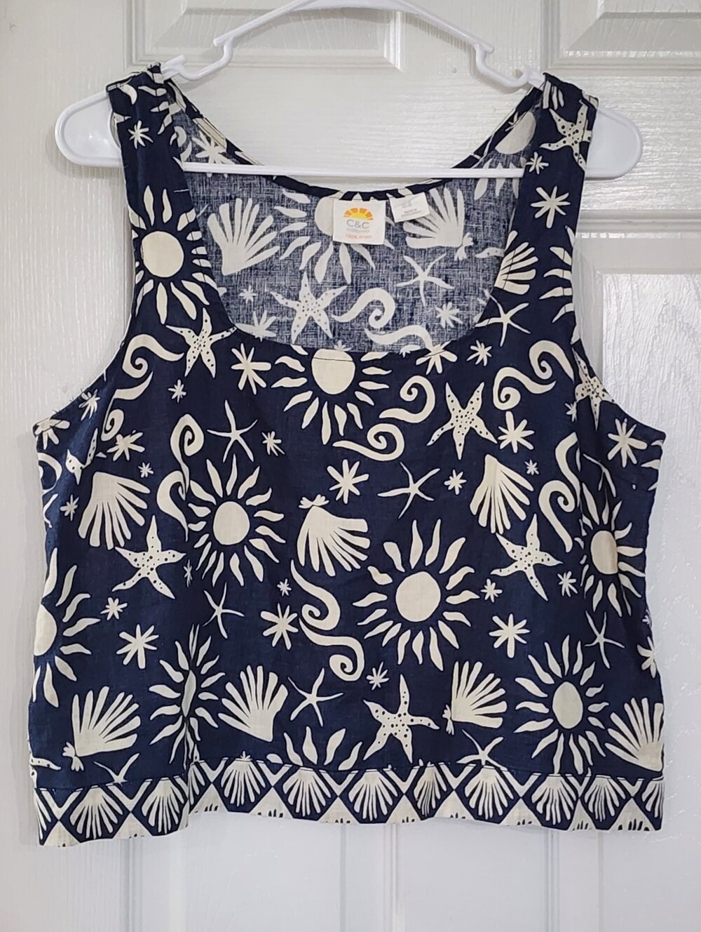 C&C California 100% Linen Tank Top M Navy Blue Celestial Sun Shell Print Crop